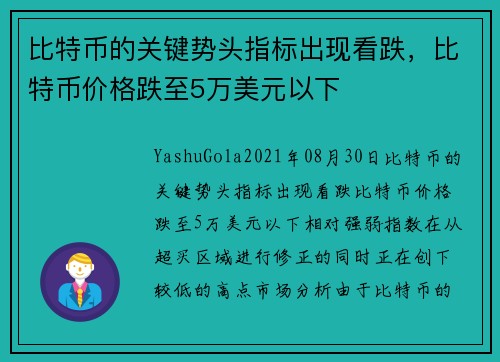 比特币的关键势头指标出现看跌，比特币价格跌至5万美元以下 