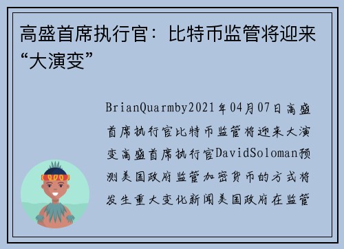 高盛首席执行官：比特币监管将迎来“大演变” 